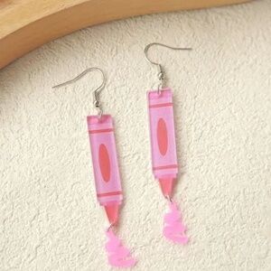 Quirky Pink Barbie Crayon Pencil Teacher Novelty Dangle Earrings Acrylic